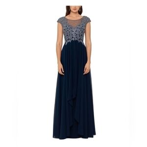 XSCAPE Navy Lace Zippered Illusion Chiffon Gown Cap Sleeve Round Neck 8